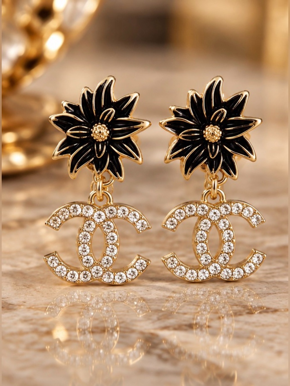 Black Floral Crystal CC Style Drop Earrings Gold Tone Statement Dangle